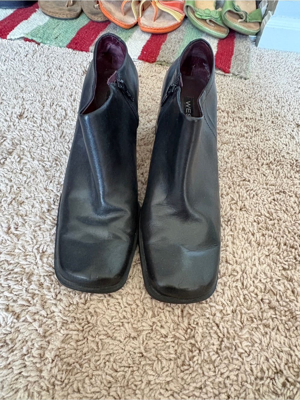 Wedge Black Leather Square-Toe Ankle Booties